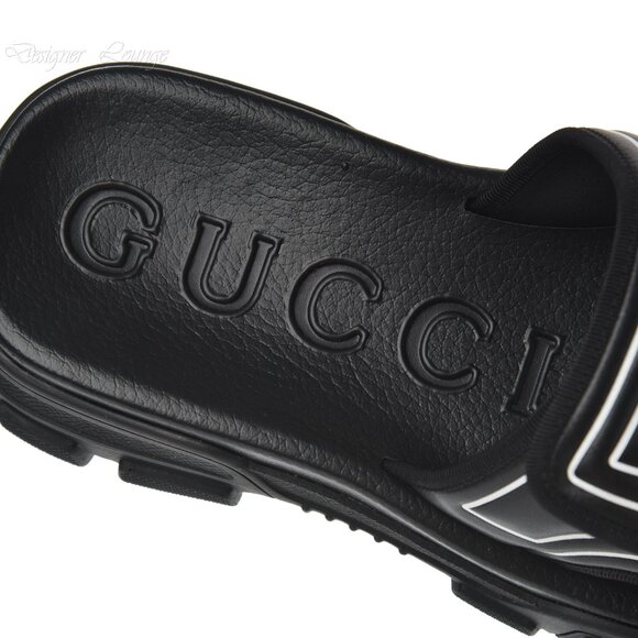 NEW GUCCI Aguru Black Leather & Rubber Logo Sandals Slides G 11 / US 11.5 main image 7